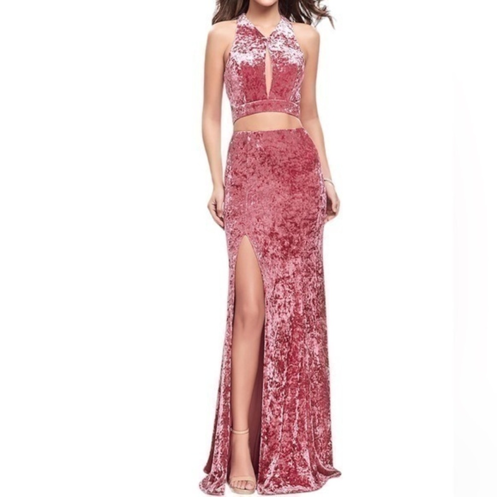 LA FEMME Rose mock two-piece velvet formal gown